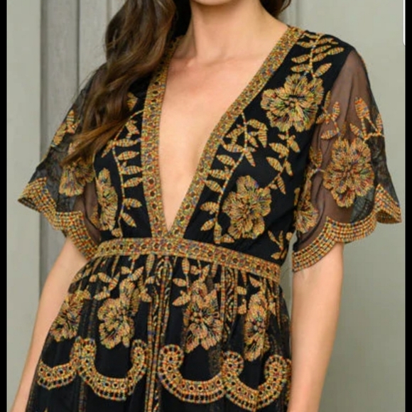 Sexy boho black multi deep v-neck floral lace embroidered maxi romper dress - Picture 4 of 6